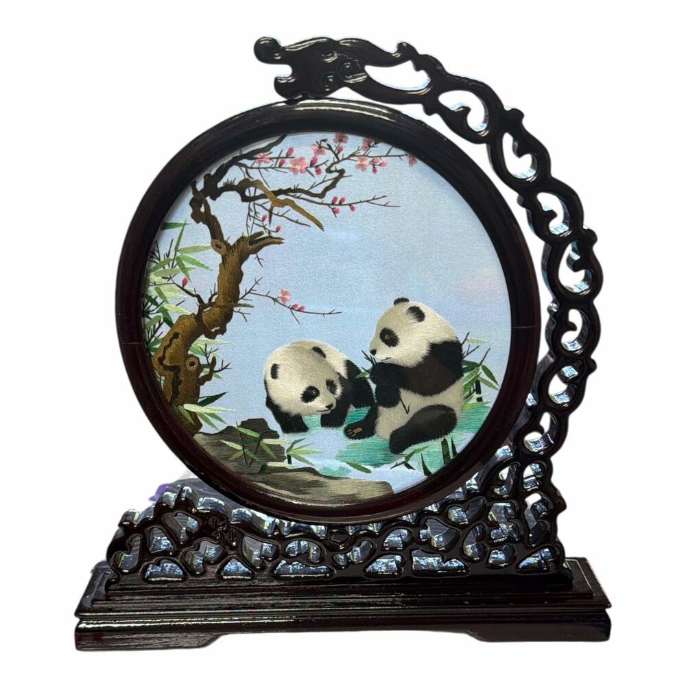 Chinese Panda Suzhou Table Silk Embroidery Double Sided Wooden Screen Art Carved